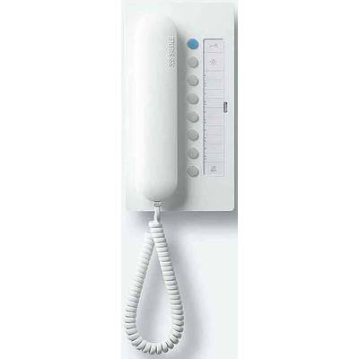 Ein weißes Wandtelefon mit Hörer und mehreren Drucktasten. Oben rechts ein blauer Knopf; darunter ein vertikaler Schieberegler.
