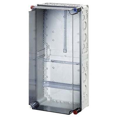 Rechteckiger, transparenter Verteilerkasten aus Kunststoff mit seitlichen Löchern zur Kabeldurchführung. Verwendet für elektrische Installationen.
