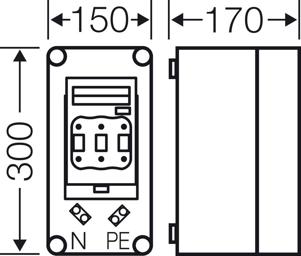 'Schaltplansymbol mit Maßen: Breite 150, Höhe 300, Tiefe 170. Beschriftet mit N und PE.'