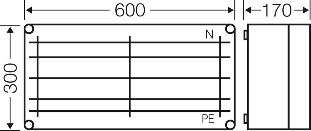 Abmessungsdiagramm eines rechteckigen Bauteils: Breite 600 mm, Höhe 300 mm, Tiefe 170 mm. Oben rechts markiert mit 'N' und 'PE'.
