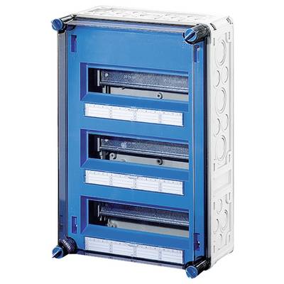 Ein leerer blauer Schaltschrank mit mehreren Reihen für elektrische Komponenten, bereit zur Installation in einem Gebäude.