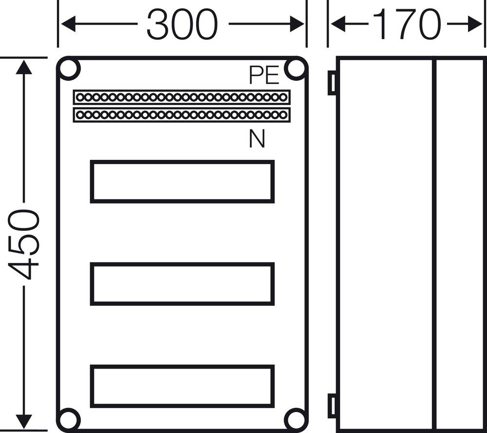 Abbildung zeigt eine elektrische Anschlussbox. Maße sind 300 mm Breite, 170 mm Tiefe und 450 mm Höhe. Oberseite mit PE und N Anschlüssen.