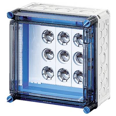 Ein rechteckiger, transparenter Schaltkasten mit blauer Umrandung und neun innenliegenden runden Öffnungen.
