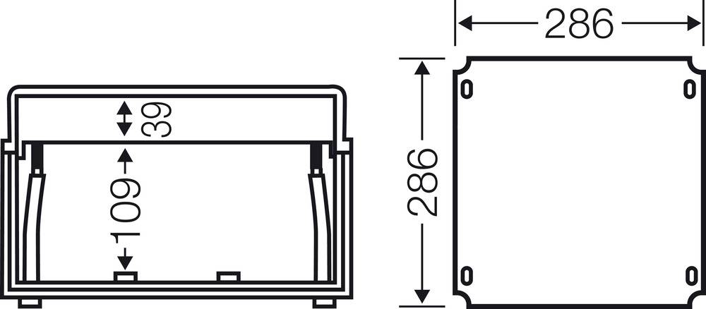 Technische Zeichnung eines rechteckigen Behälters mit Maßen: Breite 286 mm, Höhe 286 mm. Innenhöhe beträgt 109 mm, Tiefe 39 mm.