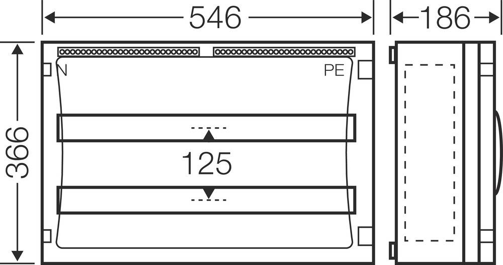 Technische Zeichnung eines Rechtecks mit Maßen: Breite 546 mm, Höhe 366 mm, Tiefe 186 mm. Innenmaß zwischen Linien: 125 mm.