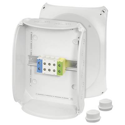 Ein weißes elektrisches Anschlussgehäuse mit einer Klemme auf einer Metallschiene, umgeben von abnehmbaren Deckeln, geeignet für Kabelverbindungen.