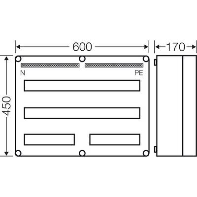 Technische Zeichnung eines rechteckigen Kastens mit Beschriftungen 'N' und 'PE'. Maße: Breite 600 mm, Höhe 450 mm, daneben 170 mm Tiefe.