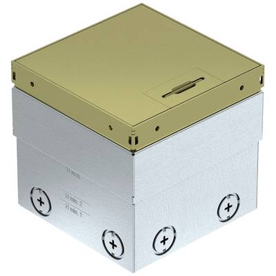 Rechteckiger Elektro-Bodenanschluss mit goldener Abdeckung und vier runden Steckdosenöffnungen an der Unterseite.