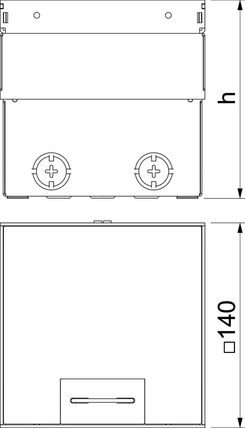 Technische Zeichnung eines rechteckigen Kastens mit den Maßen 'h' in der Höhe und '140' in der Breite. Oben und seitlich sind Schraubenlöcher sichtbar.