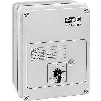 Ein elektrisches Steuergerät mit der Aufschrift 'Helios Ventilatoren'. Es hat einen Drehschalter zur Regulierung der Spannung 380V, 230V, 60V.
