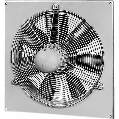 Ein Wandventilator mit Metallrahmen und fünf Flügeln. Der Ventilator scheint fest an der Wand montiert zu sein, geeignet für industrielle Anwendungen.