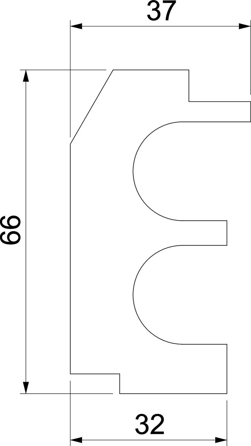 Technische Zeichnung einer Profilansicht mit Maßen: Höhe 66 mm, obere Breite 37 mm, untere Breite 32 mm.