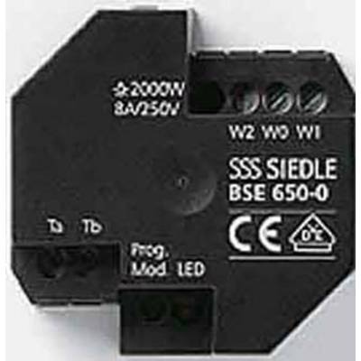 Schwarzes technisches Bauteil mit Aufschrift 'SSS SIEDLE BSE 650-0'. Zeigt Spannung '8A/250V' und Symbole für elektrische Zertifizierungen.