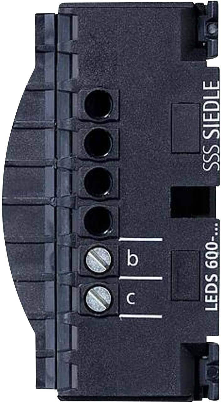 Schwarze elektrische Anschlussklemme mit mehreren Eingängen und der Aufschrift 'SSS SIEDLE LEDS 600' seitlich.