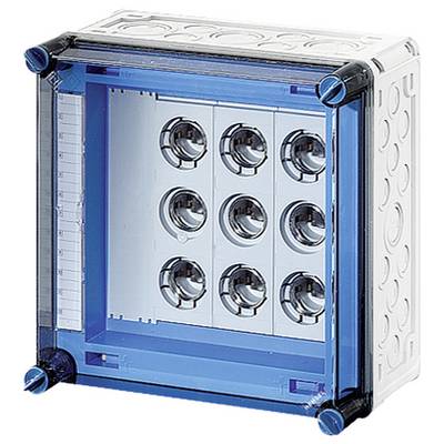 Eine blaue und transparente elektrische Anschlussdose mit mehreren Öffnungen zur Kabelmontage.
