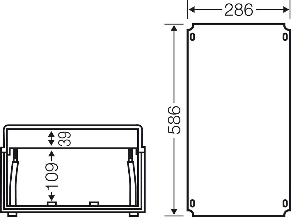 Seitenansicht und Vorderansicht eines rechteckigen Gehäuses mit Maßen: Breite 286 mm, Höhe 586 mm, Tiefe 39 mm, Innenhöhe 109 mm.