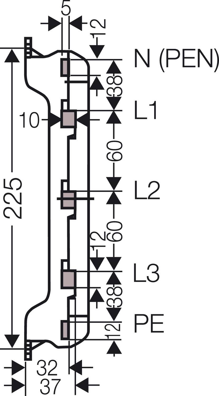 Technische Zeichnung eines elektrischen Verteilers mit Beschriftungen 'N (PEN)', 'L1', 'L2', 'L3', 'PE' und Maßangaben in Millimetern.