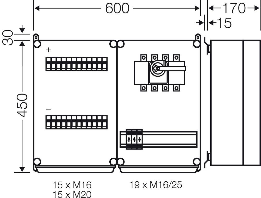 Diagramm einer elektrischen Schalttafel mit Abmessungen: 600 mm Breite, 450 mm Höhe. Zeigt Komponenten und Anschlusspositionen.