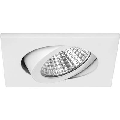 Ein quadratischer, weißer Einbaustrahler mit einem runden, schwenkbaren LED-Leuchtmittel. Ideal für moderne Innenbeleuchtung.