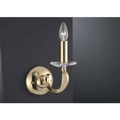 Eine goldene Wandleuchte mit Kerzenform, montiert auf einer dunklen Wand, strahlt ein warmes Licht aus.