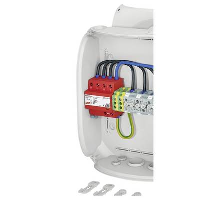 Schutzkasten mit Überspannungsschutz und Kabeln im Inneren. Oberes Teil geöffnet, mehrere Kabel angeschlossen, rote Schutzvorrichtung sichtbar.