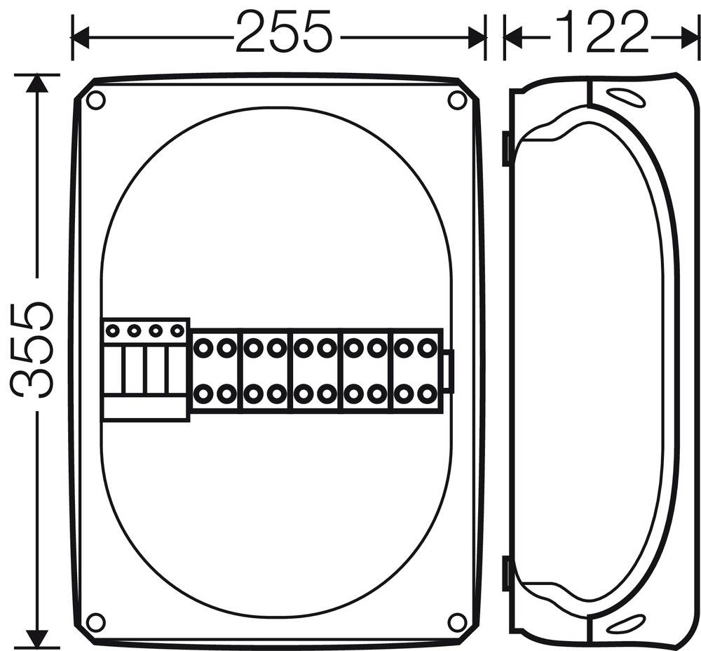 Technische Zeichnung einer rechteckigen Gehäusebox mit Maßen: Breite 255 mm, Höhe 355 mm, Tiefe 122 mm. Innenansicht mit elektrischen Komponenten.