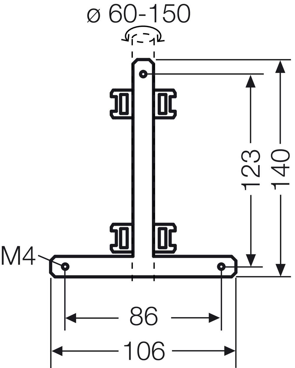 Technische Zeichnung eines Halters mit Maßen: Durchmesser oben 60-150, Höhe 123-140, Breite unten 86-106, Schraube M4.