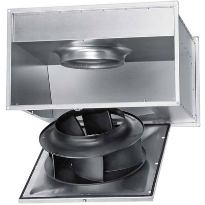 Metallischer Einbauventilator mit großem Flügelrad, teilweise geöffnet, zur Verdeutlichung der inneren Struktur.