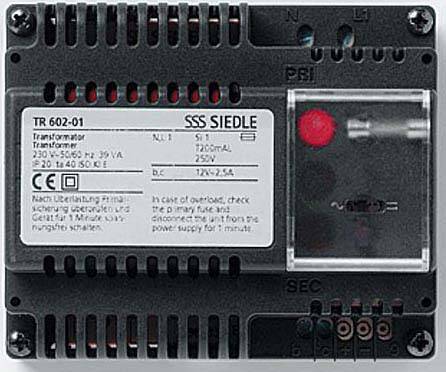 Abbildung eines SSS Siedle Transformators TR 602-01 mit Spezifikationen. Wichtige Details: 230V Eingang, 14V Ausgang, geeignet für Türklingelsysteme.
