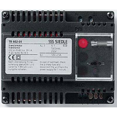 Abbildung eines SSS Siedle Transformators TR 602-01 mit Spezifikationen. Wichtige Details: 230V Eingang, 14V Ausgang, geeignet für Türklingelsysteme.