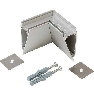 Eckverbinder aus Metall mit zwei Schrauben und Dübeln, geeignet für die Verbindung von Paneelen oder Leisten in einem 90-Grad-Winkel.