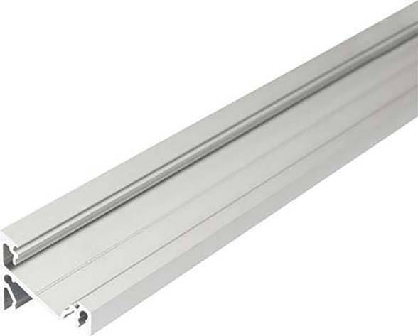 Silberne Aluminiumschiene in seitlicher Ansicht, dient zur Befestigung von Bauteilen, zeigt einfache Konstruktion mit glatter Oberfläche.