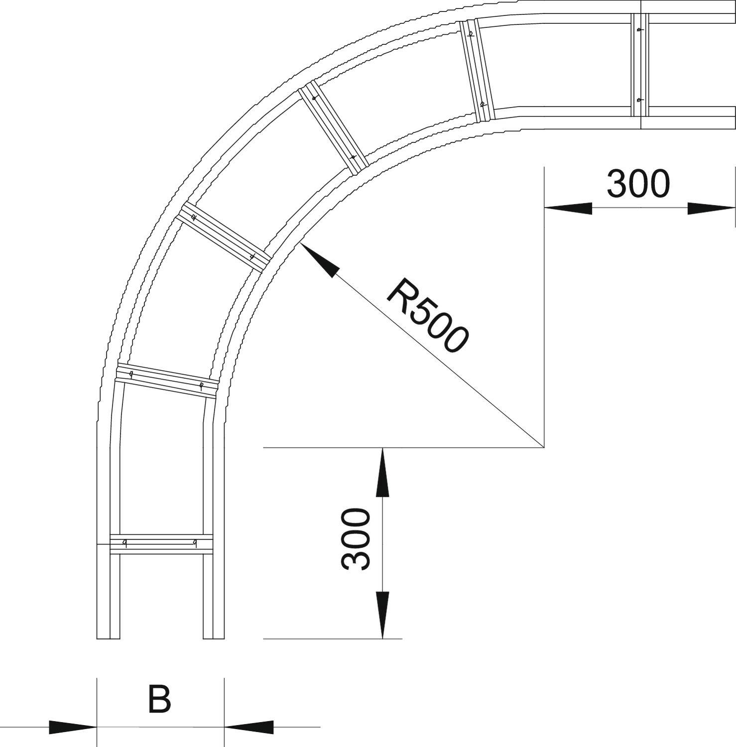 Technische Zeichnung: Kreisbogen mit einem Radius von 500 mm und 300 mm Abstand zwischen den Streben.