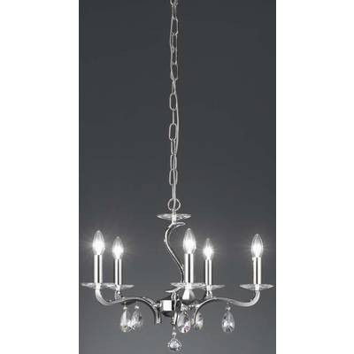 Ein eleganter Kronleuchter mit fünf leuchtenden Kerzenlampen, geschmückt mit hängenden Kristallen, vor einem dunkelgrauen Hintergrund.