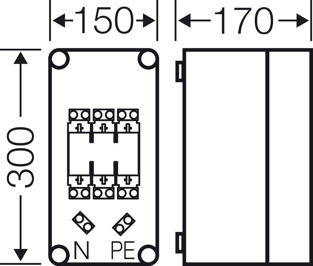 Abmessungen eines elektrischen Anschlusskastens: Höhe 300 mm, Breite 150 mm; zeigt Anschlüsse mit 'N' und 'PE' markiert.