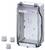Ein graues, rechteckiges Elektrogehäuse mit durchsichtiger Abdeckung, daneben liegen drei weiße Kabeleinführungen. Marke: Hensel.