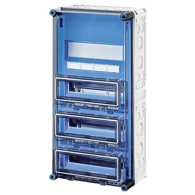 Ein leerer, blauer Sicherungskasten mit durchsichtigen Frontabdeckungen, geeignet für die Aufnahme mehrerer Sicherungsautomaten.