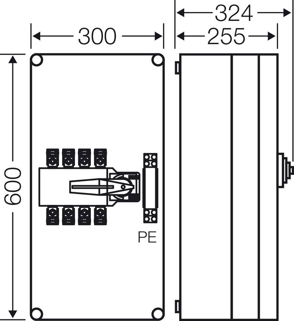 Abbildung zeigt technische Zeichnung einer rechteckigen Box mit Abmessungen 600x300 mm und seitlicher Tiefe von 324 mm; beinhaltet Schalter und Anschlüsse.