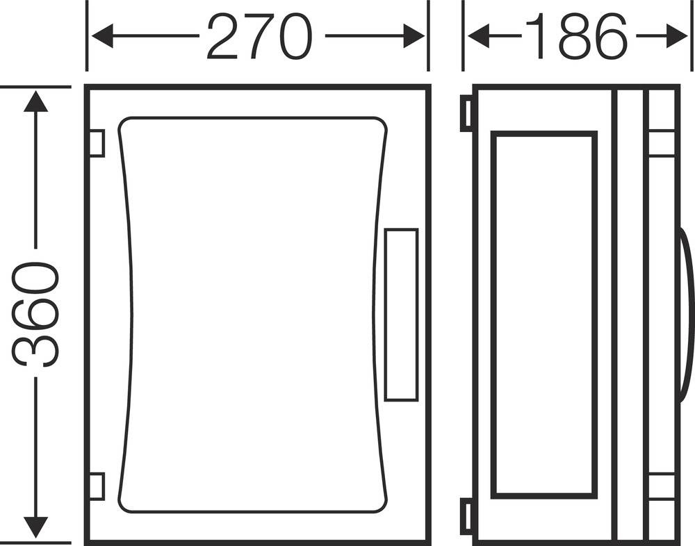 Zeichnung eines rechteckigen Objekts mit Abmessungen: Breite 270 mm, Tiefe 186 mm, Höhe 360 mm. Seiten- und Vorderansicht.