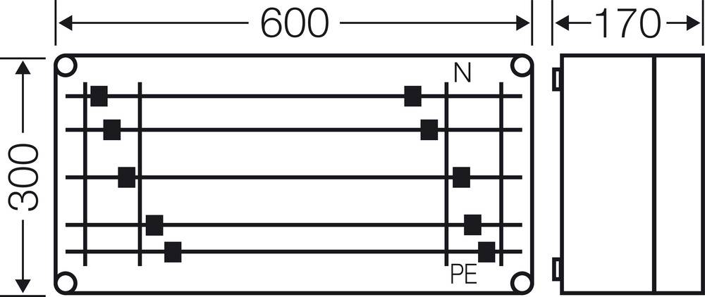 Diagramm einer elektrischen Anschlussbox mit Maßen. Breite 600 mm, Höhe 300 mm, Tiefe 170 mm. Anschlüsse N und PE sind markiert.