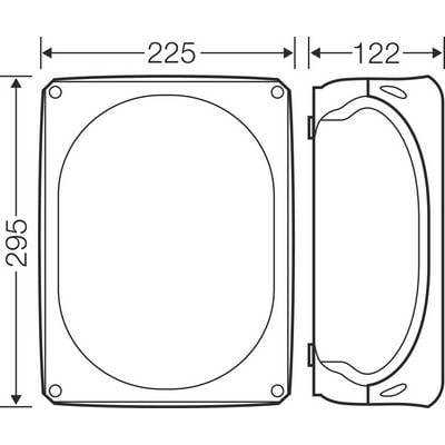 Dieses Bild zeigt eine technische Zeichnung eines rechteckigen Objekts mit Griff. Die Maße sind 225 mm x 295 mm und der Griff ist 122 mm breit.