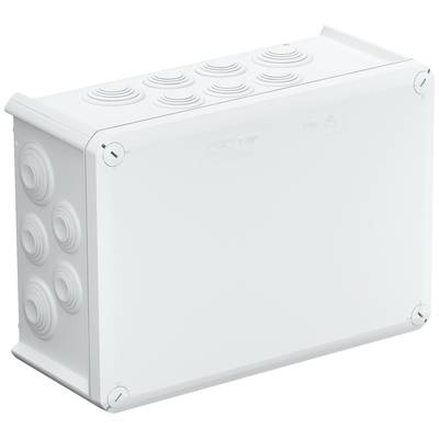 Weiße, rechteckige Kunststoffanschlussdose mit gerillten Kabeleinführungen an den Seiten. Geeignet für Elektroinstallationen.
