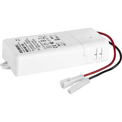 Weiße elektronische Komponente mit schwarzem und rotem Kabel, bedruckt mit technischen Spezifikationen und Zertifizierungs-Symbolen.