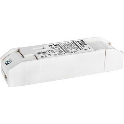 Ein weißes elektrisches Gerät, wahrscheinlich ein LED-Treiber, mit technischen Angaben und Sicherheitszeichen auf der Oberseite.