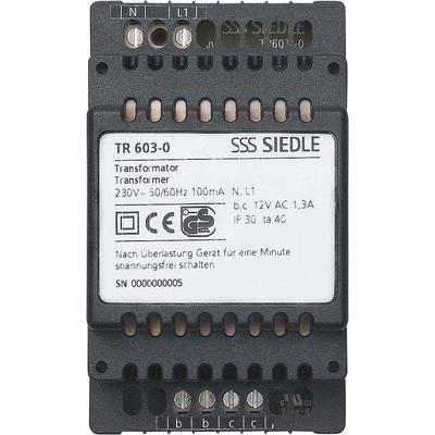 'Siedle TR 603-0 Transformator, Eingang 230V~, Ausgang 12V DC, 100mA, für min. 30s bis max. 40s Schaltung. Seriennummer: 0000000005.'
