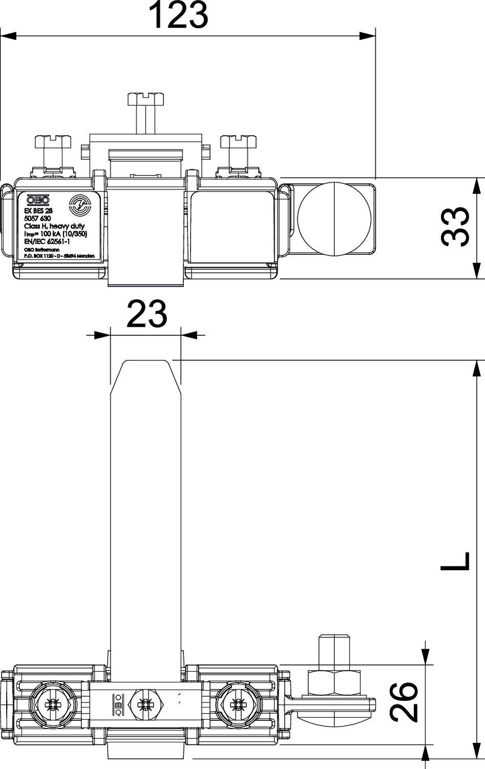 Technische Zeichnung einer elektrischen Komponente mit Abmessungen. Breite: 123 mm, Höhe: 33 mm, Tiefe: 23 mm. Unterschrift und Anleitungen sind abgebildet.