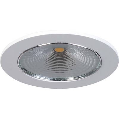 Runder LED-Deckenstrahler mit silbernem Rand und runder, reflektierender Oberfläche. Ideal zur Beleuchtung von Innenräumen.