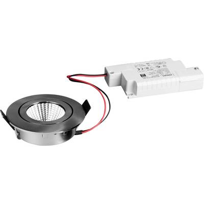 Ein runder LED-Einbaustrahler aus Metall mit schwarzer Umrandung und sichtbarem Kabel, daneben das passende weiße Netzteil.