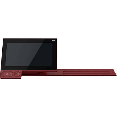 Ein rotes elektronisches Gerät mit Bildschirm und zwei Bedienknöpfen auf der linken Seite. Das Gerät hat ein modernes, minimalistisches Design.