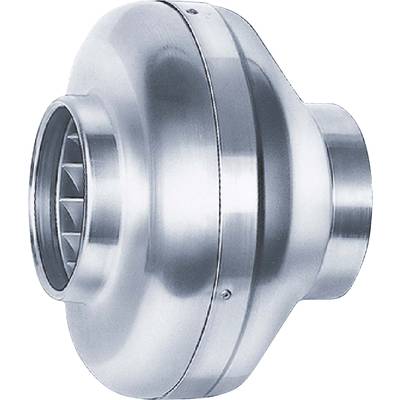 Ein silberner zylindrischer Lüfter aus Metall, typischerweise für industriellen Einsatz, mit sichtbaren Lamellen im Inneren.